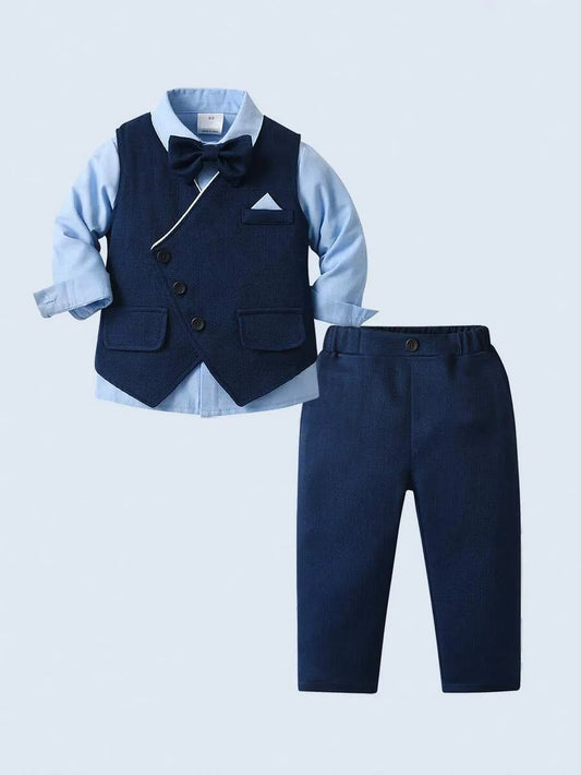 Set 3 piezas camisa azul celeste corbata moño chaleco pantalon azul oscuro niño sa2409146521911292