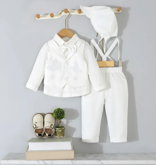 Set 4 piezas bautizo camisa blanca corbata moño chaleco pantalones sombrero blanco bebe niño sa2403083111466643