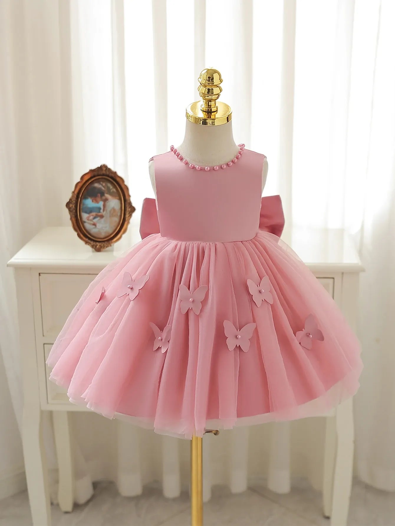 Vestido rosado gala mariposas chongo bebe niña sa260119113696355017736