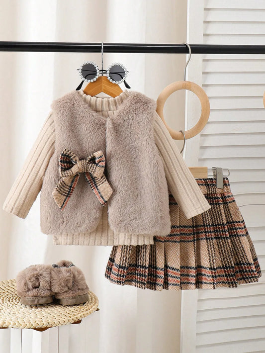 Set 3 piezas chaleco camisa falda cuadros beige cafe niña sk260722181632116669668