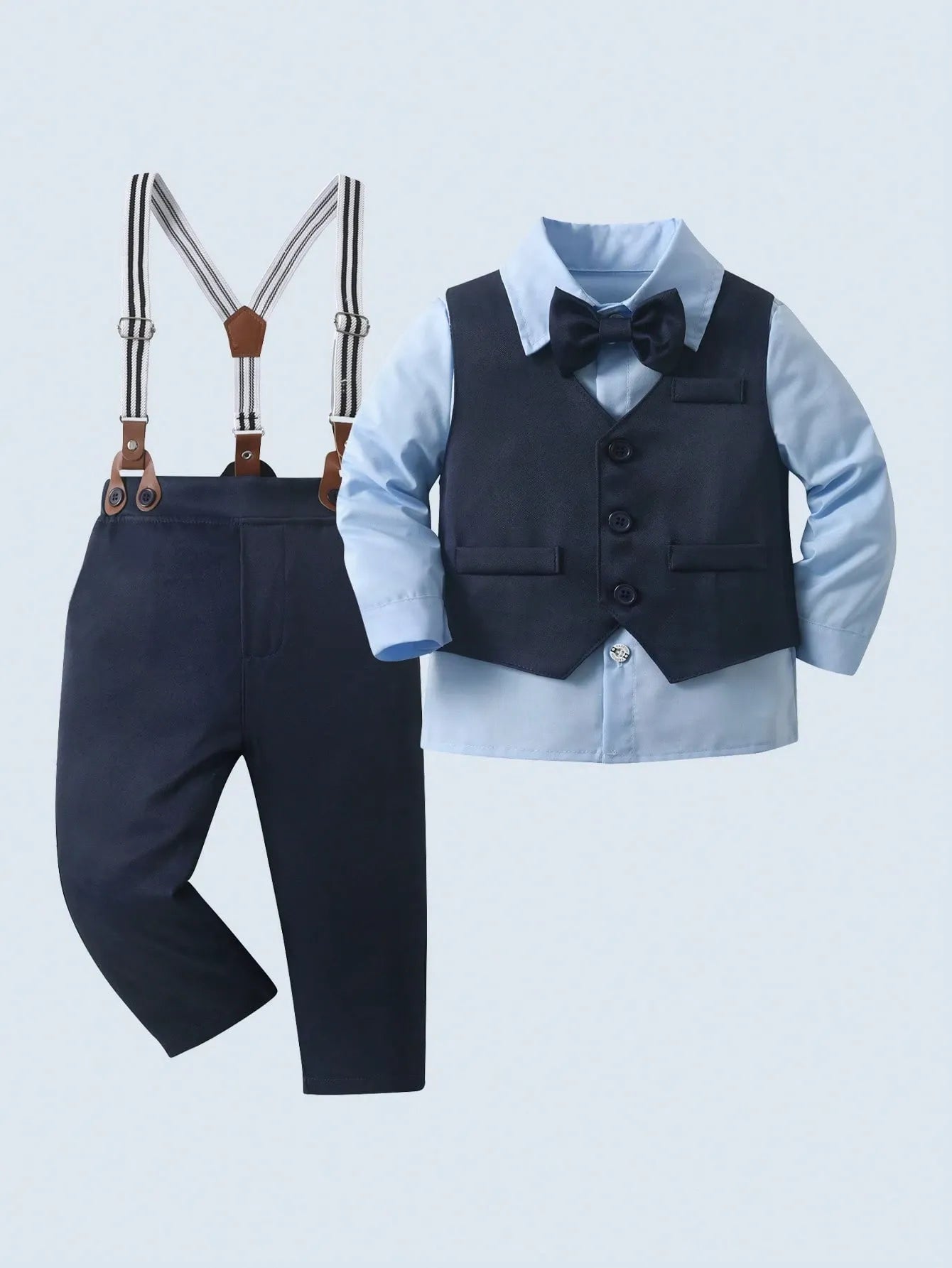 Set formal 3 piezas camisa azul corbata moño pantalon azul oscuro sa2403013717179887