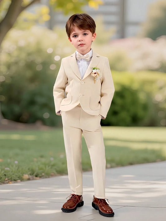 Set traje formal 4 piezas chaleco saco pantalon corbata Formal niño beige sk25052211174224714