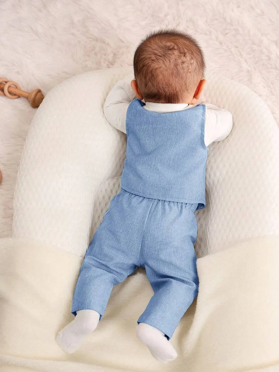 Set 3 piezas chaleco corbatin pantalon azul celeste bebe niño sa2307144875447606