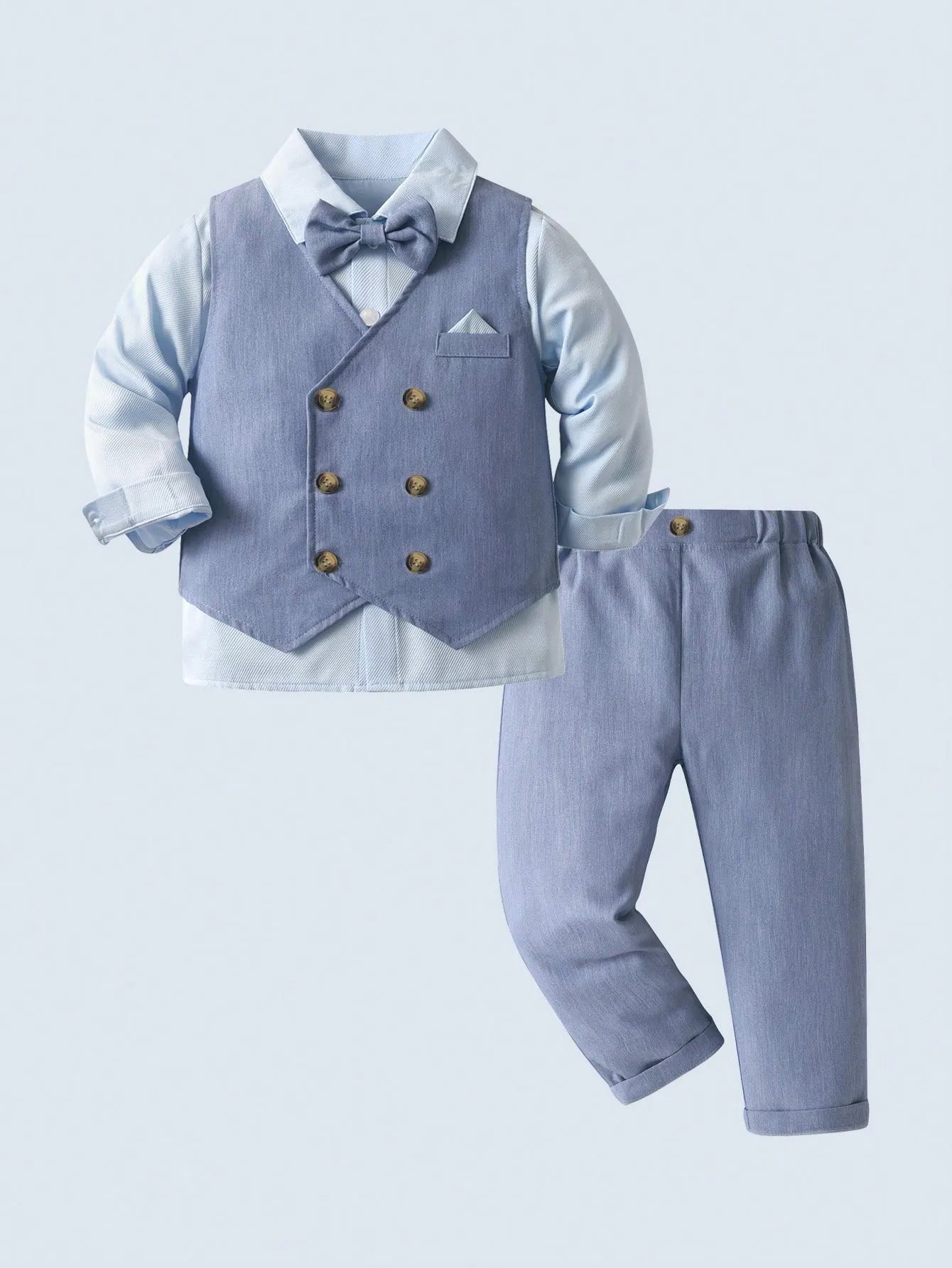Set 3 piezas camisa blanca corbata moño chaleco pantalon azul celeste niño sk251127898115348222