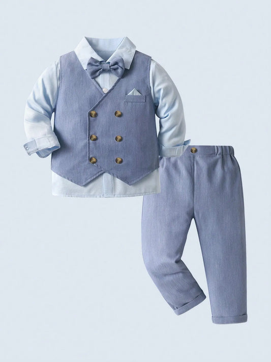 Set 3 piezas camisa blanca corbata moño chaleco pantalon azul celeste niño sk251127898115348222