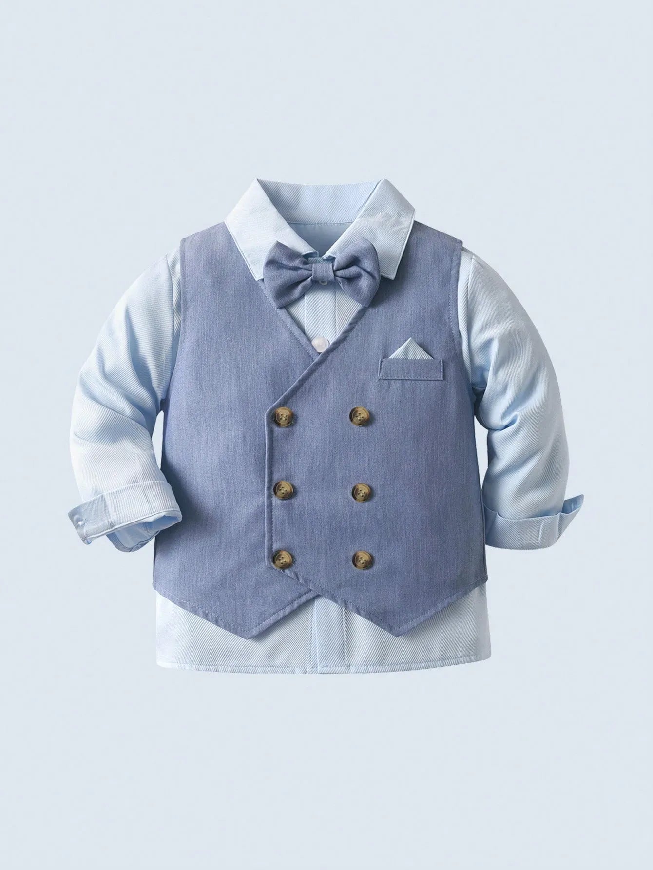 Set 3 piezas camisa blanca corbata moño chaleco pantalon azul celeste niño sk251127898115348222