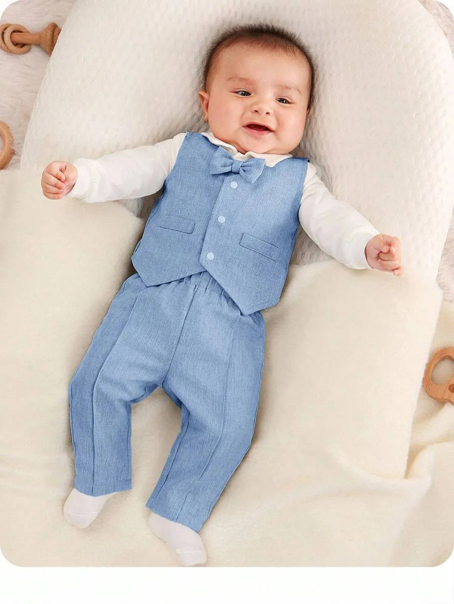 Set 3 piezas chaleco corbatin pantalon azul celeste bebe niño sa2307144875447606