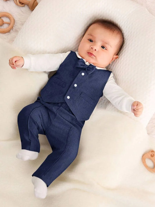 Set 3 piezas chaleco corbatin pantalon azul bebe niño sa2307144875463916