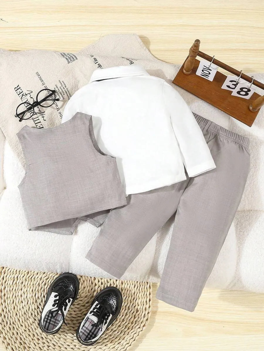 Set 3 piezas camisa chaleco blazer pantalon gris blanco bebe niño sa25070814138611557