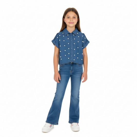 Camisa niña Jeans Azul Oscuro perlas Chic Mi CTG1188-25 490390 promo