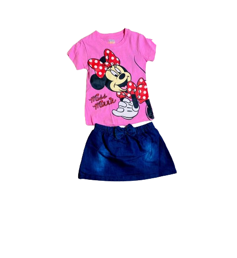 Set 2 piezas camisa rosada bebe niña Minnie Disney falda jeans