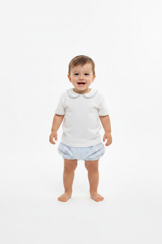 Set conjunto 2 piezas camisa beige short blanco azul bebe niño 86276