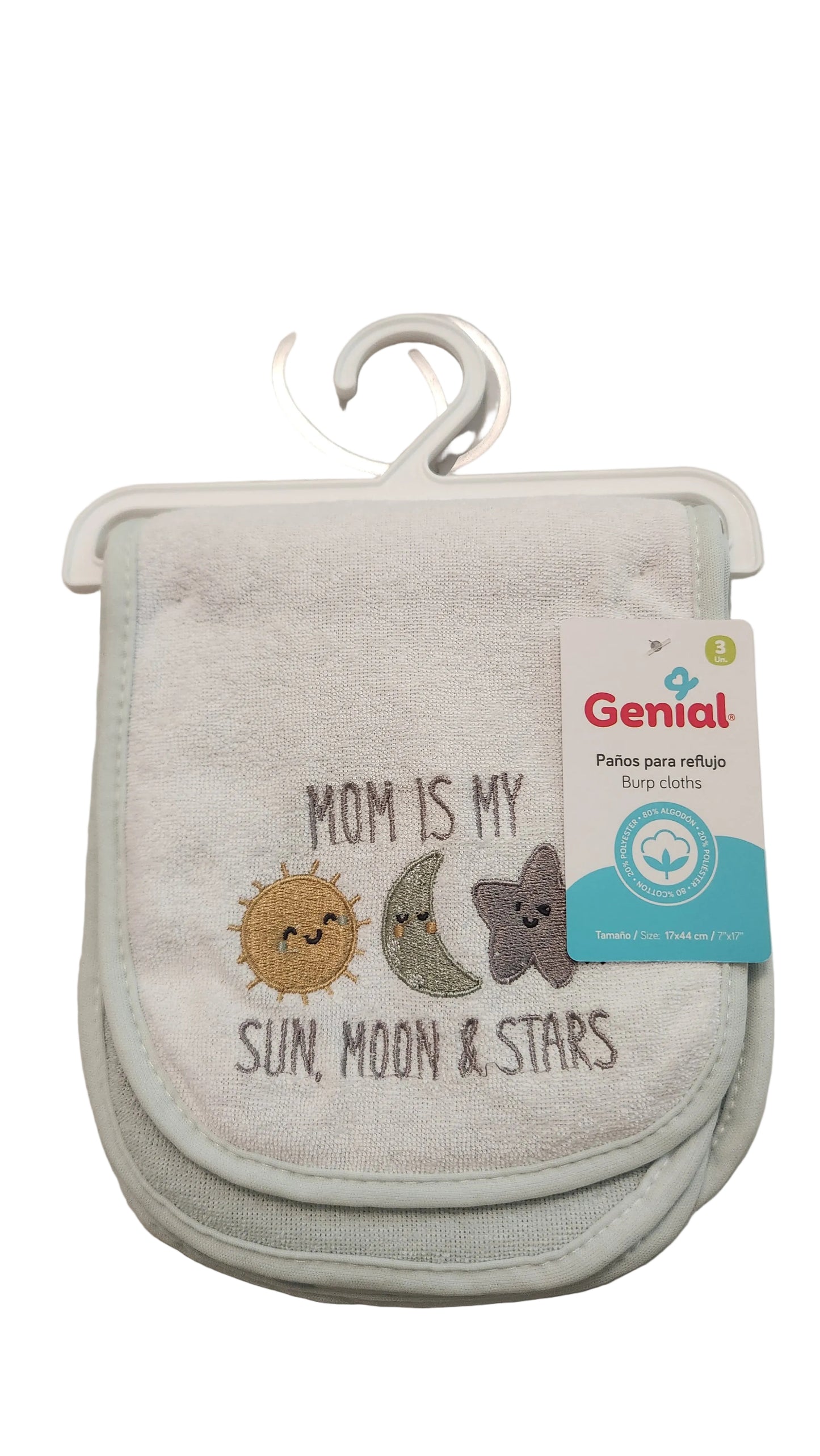 Set 3 toallas salivera Genial bebe niño Verde Menta Blanco Mon is my sun, moon and stars