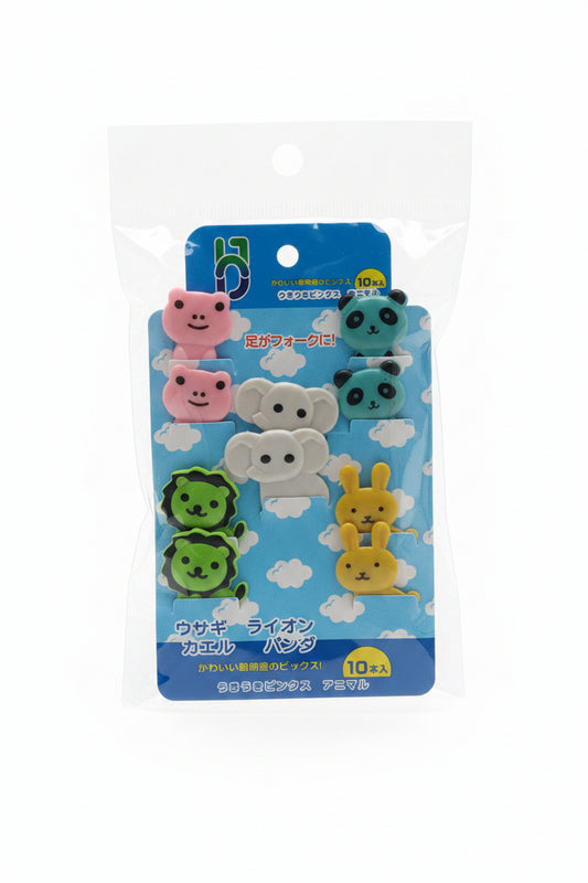 Set 10 pincho lonchera animales elefante azul gato amarillo rana blanca panda rosado león verde