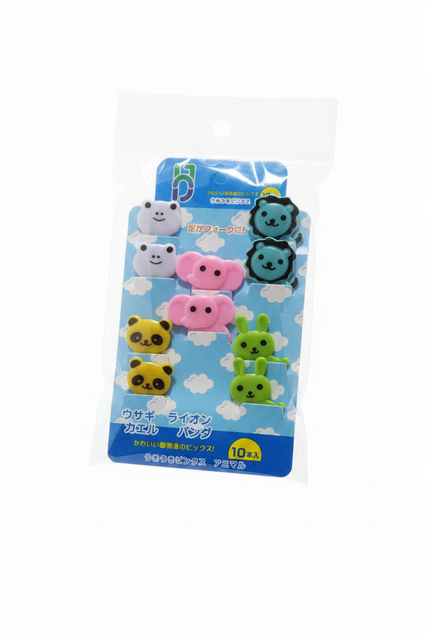Set 10 pincho lonchera animales elefante rosado leon azul rana blanca panda amarillo conejo verde
