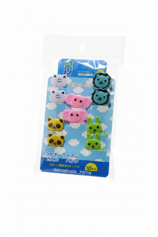Set 10 pincho lonchera animales elefante rosado leon azul rana blanca panda amarillo conejo verde