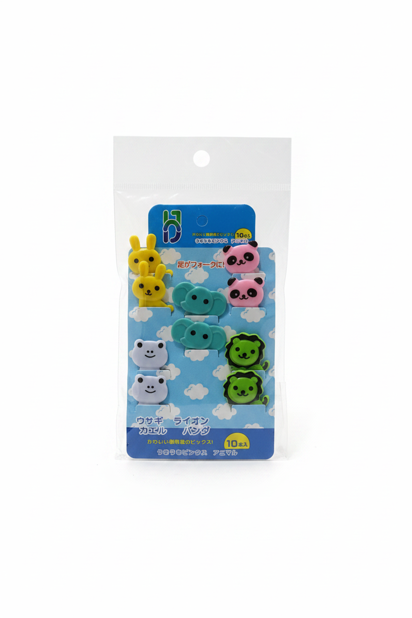 Set 10 pincho lonchera animales elefante azul panda rosado gato amarillo rana blanca leon verde