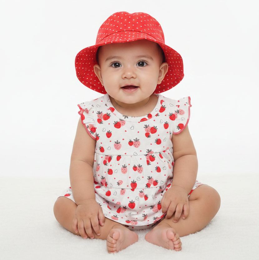 Set 3 piezas bebe niña gorro rojo vestido blanco rojo pantie rojo Tinytots D94724TT