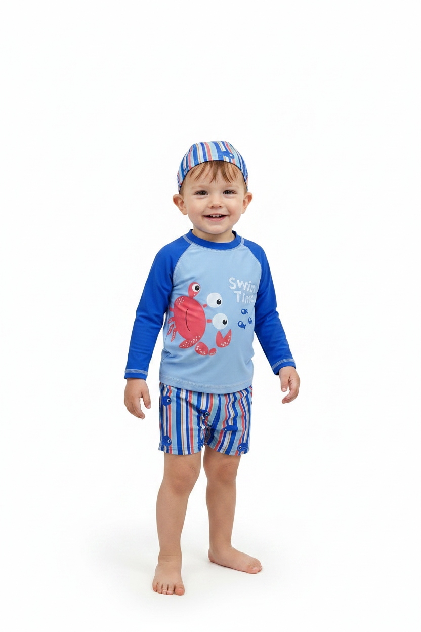 Set 3 piezas gorro camisa azul short traje de baño bebe niño Tinytots 11365TT