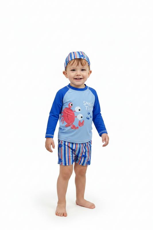 Set 3 piezas gorro camisa azul short traje de baño bebe niño Tinytots 11365TT