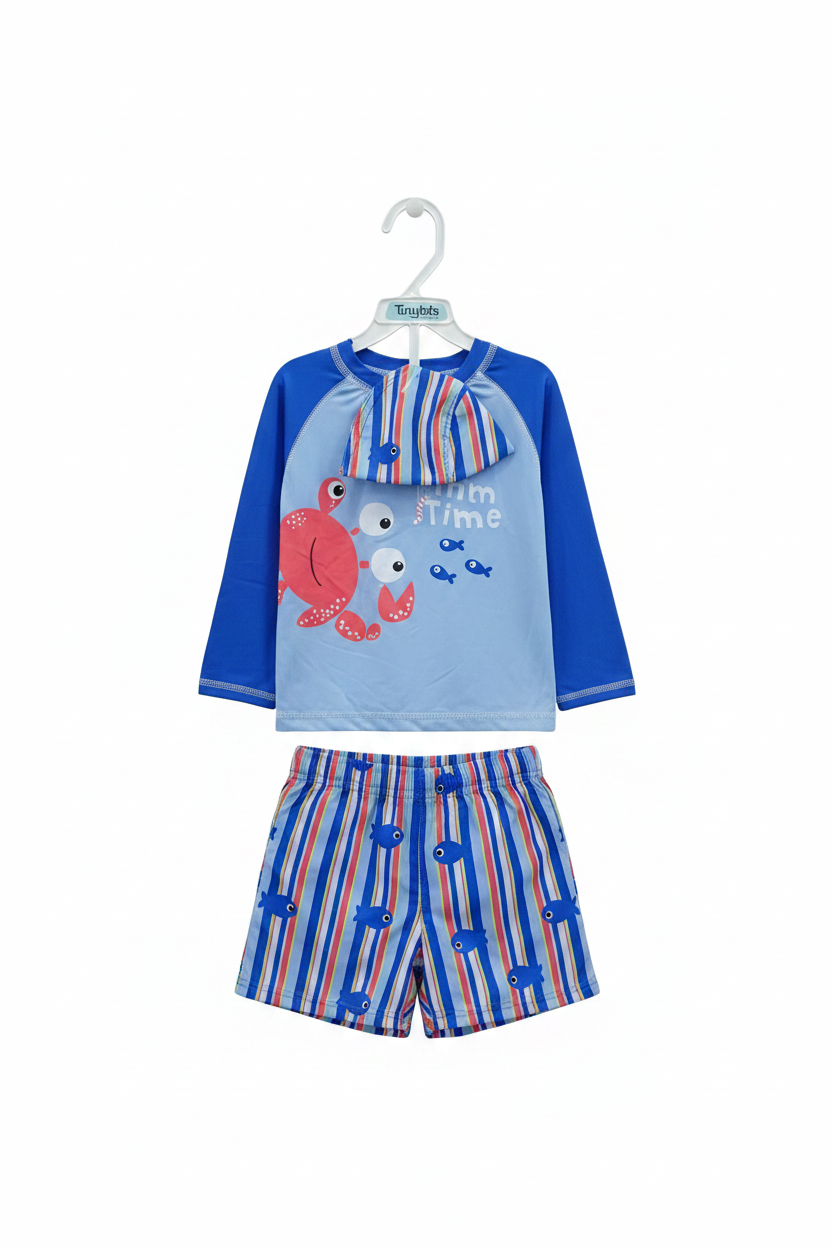 Set 3 piezas gorro camisa azul short traje de baño bebe niño Tinytots 11365TT