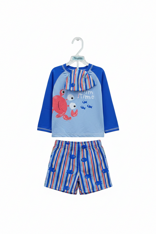 Set 3 piezas gorro camisa azul short traje de baño bebe niño Tinytots 11365TT