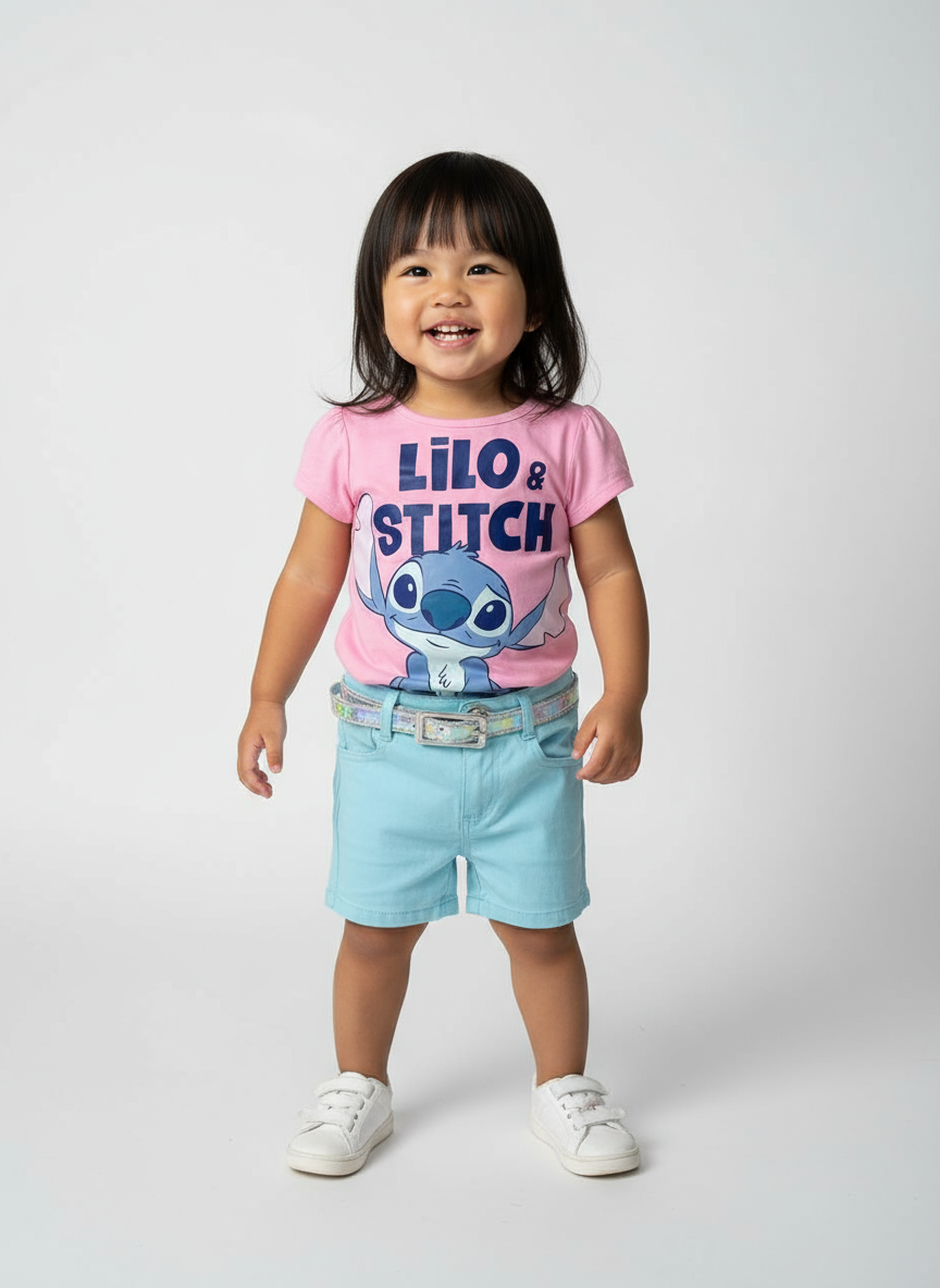 Set conjunto camisa rosada short azul celeste stitch niña D9-STI-108D