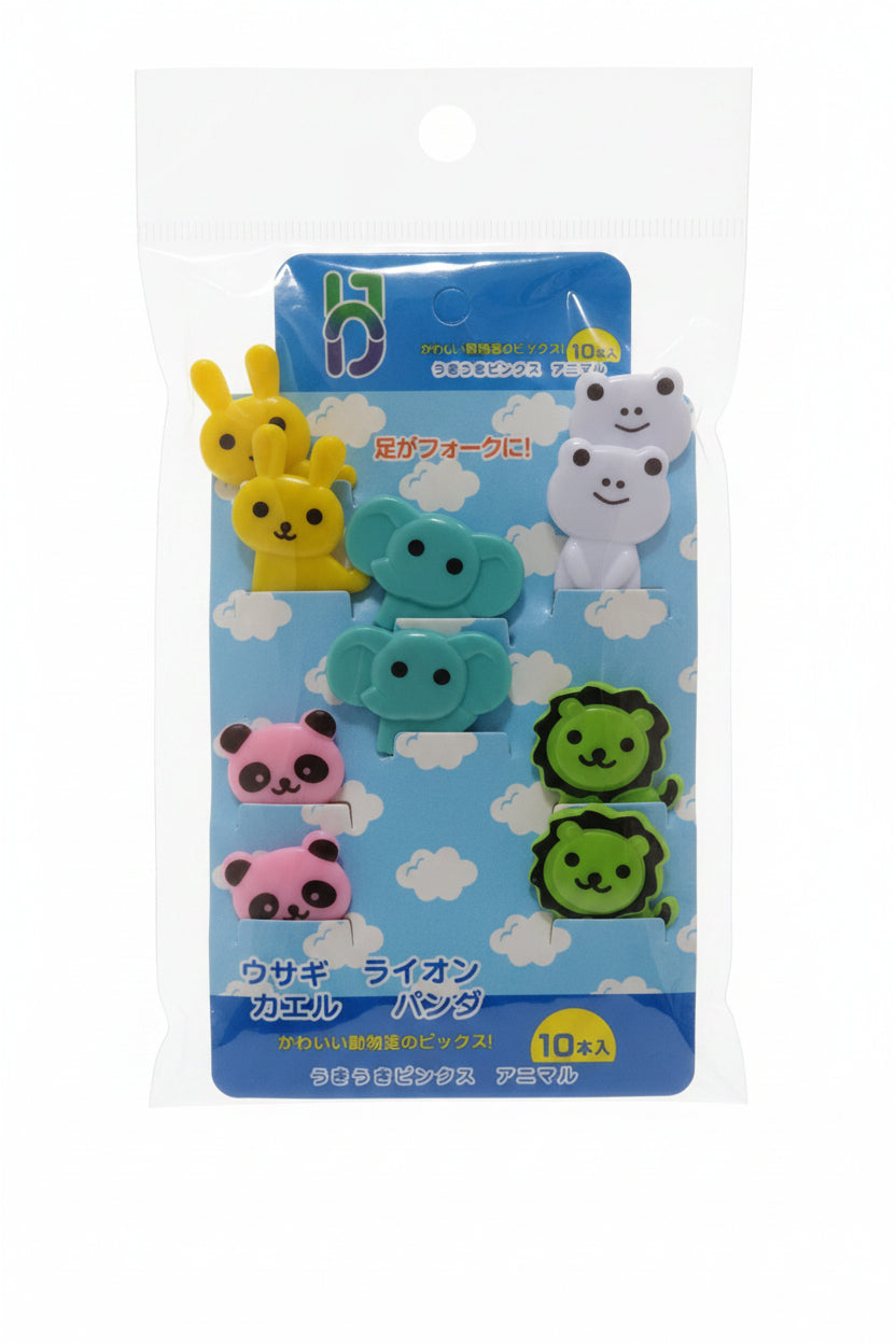 Set 10 pincho lonchera animales elefante azul rana blanca panda rosado leon verde conejo amarillo