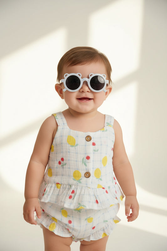 Set 3 piezas camisa short lentes blanco limones bebe niña E013J503GB