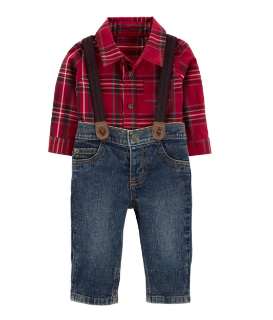 Set 3 piezas Carters bebe niño formal camisa roja jeans tirantes 05946864