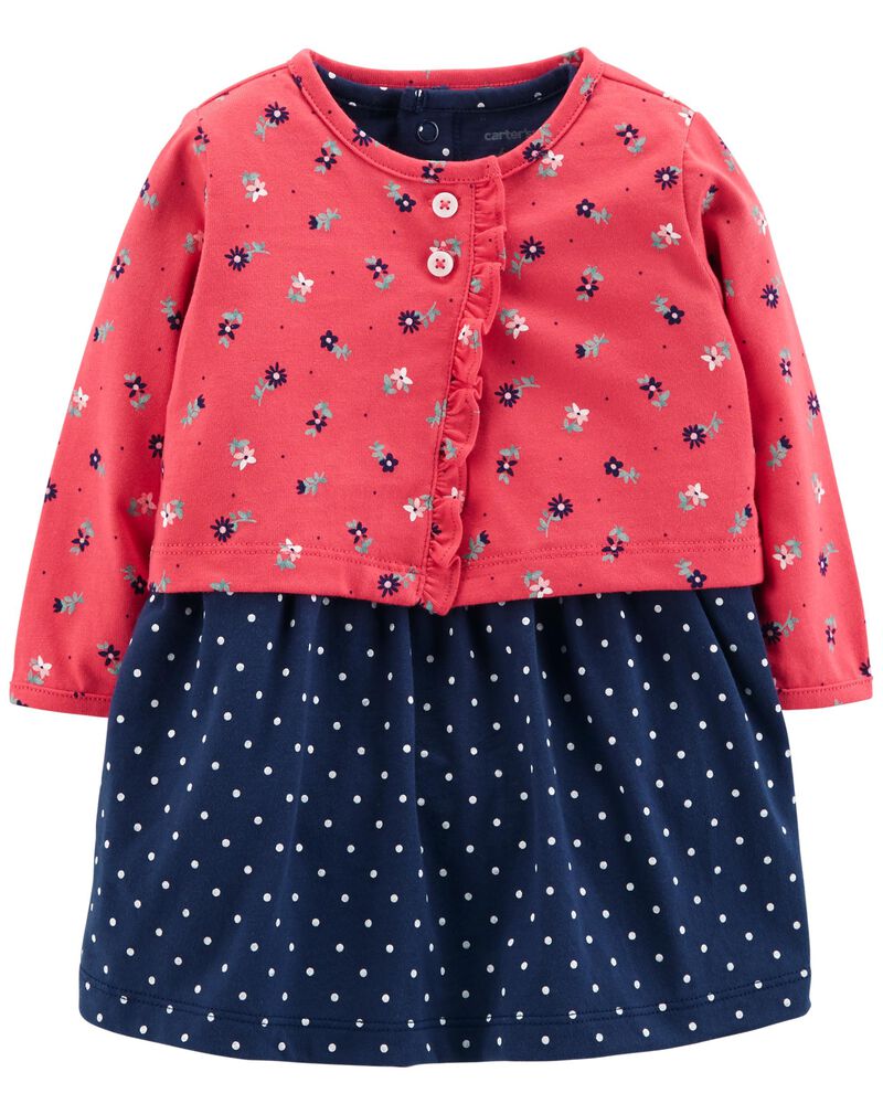 Vestido con sueter flores rosado azul puntos Carters bebe niña