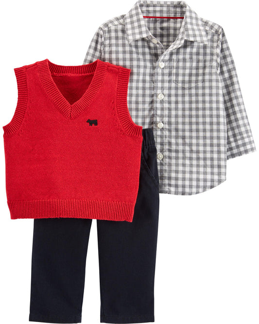 Set rojo cuadros Carters bebe niño 3 piezas sweater 07368176