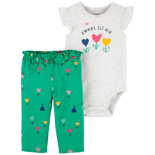 Set 2 piezas carters corazon mameluco gris pantalon verde bebe niña
