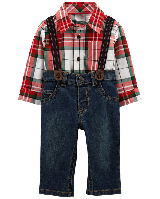 Set rojo cuadros Carter’s bebe niño 3 piezas tirantes 08842736