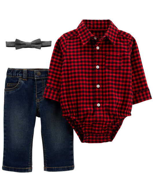 Set bebe niño 3 piezas rojo cuadros corbatin  Carters 06909424