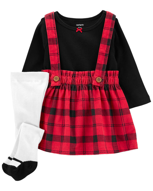 Set 3 piezas vestido Overall con camisa negra cuadros y medias bebe niña carter's 17619440