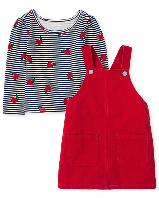 Set 2 piezas childrens place niña camisa manzana y overall vestido rojo