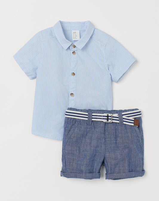 Set 3 piezas niño H&M camisa formal rayas short azul faja