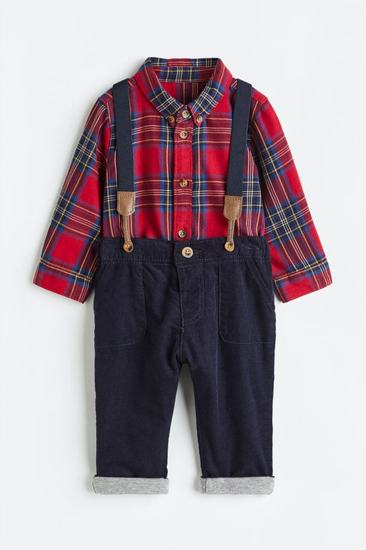 Set niño H&M formal 3 piezas camisa cuadros roja tirantes 02163440