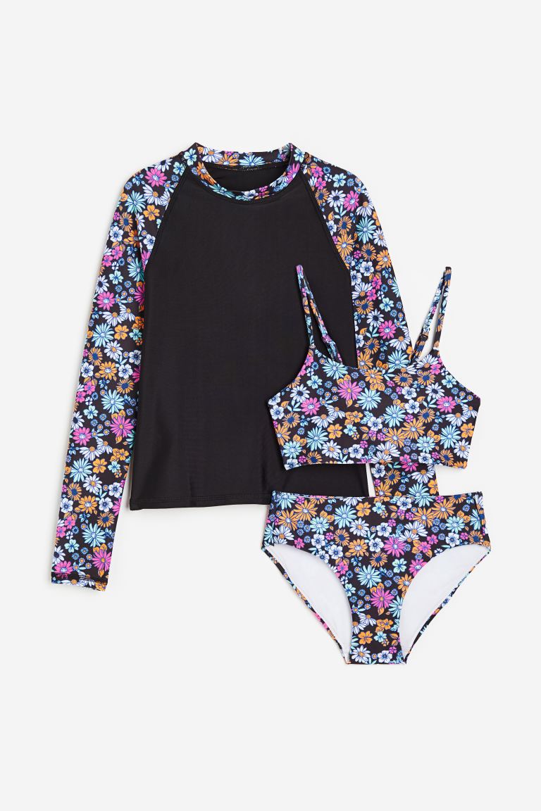 Traje de baño 3 piezas  niña H&M negro flores