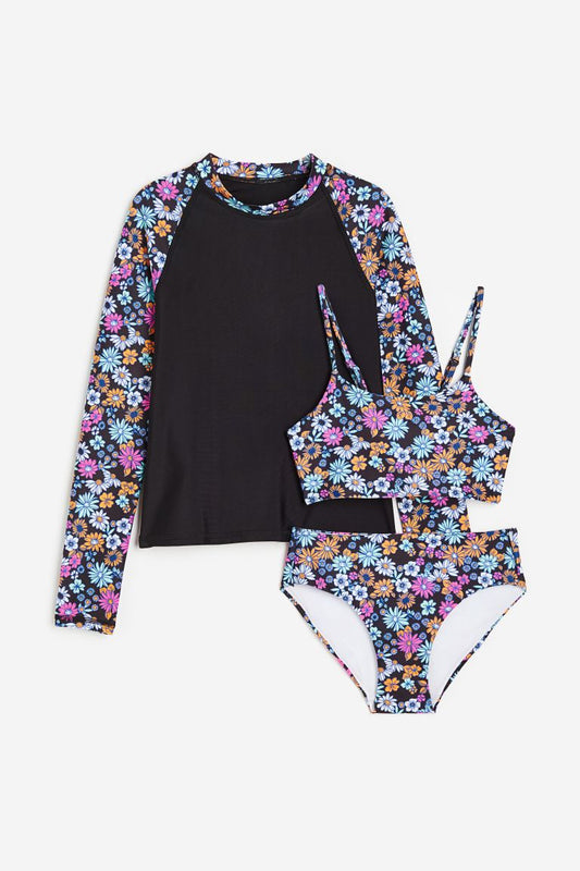 Traje de baño 3 piezas  niña H&M negro flores