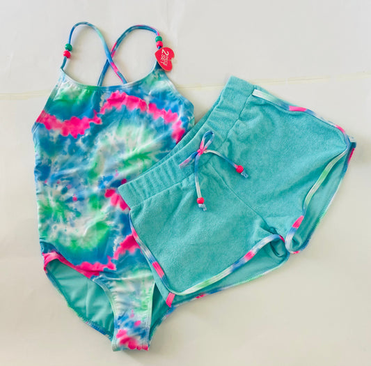 Set 2 piezas traje de baño niña short azul celeste