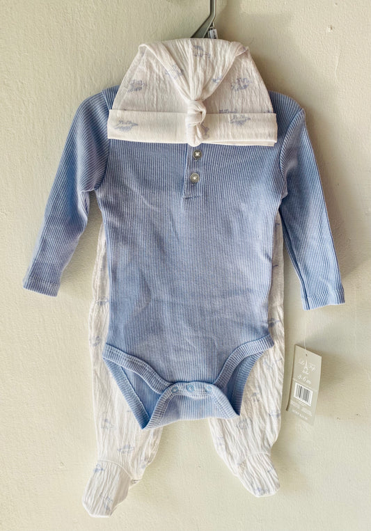 Pijama Set 3 piezas azul bebé Niño gorro mameluco pantalon